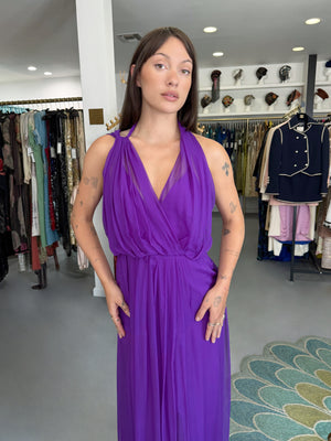 2011 Christian Dior by John Galliano Royal Purple Sheer Silk Low-Cut Asymmetric Goddess Gown