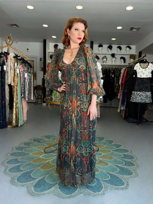 1971 Thea Porter Couture Green Art Nouveau Motif Silk Billow-Sleeve Maxi Dress
