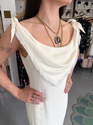1998 Christian Dior by John Galliano Resort Collection Ivory White Crepe Fringed-Bib Dress