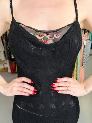 2003 John Galliano Embroidered Floral Sheer Black Pointelle Stretch Knit Bias-Cut Gown