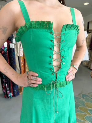 1976 Biba Emerald Green Cotton Lace-Up Corset Top & Matching Maxi Skirt