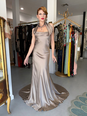 2014 Ralph Lauren Purple Label Platinum Silk Bias-Cut 'Old Hollywood' Gown w/ Optional Hood