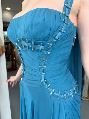 2009 Versace Runway Embellished Blue Silk Chiffon One-Shoulder High Low Gown