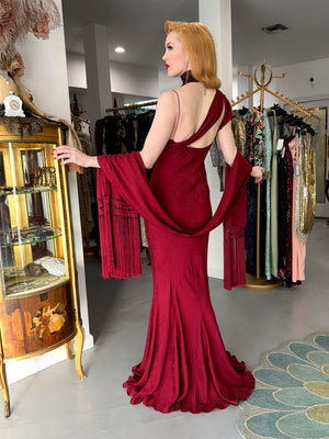 1999 John Galliano Maori Collection Merlot Red Silk Bias-Cut Gown w/ Fringed Shawl