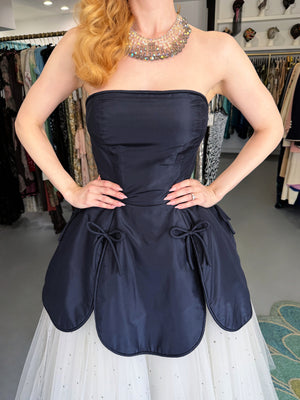 1950’s Edith Small Navy Silk & Rhinestone White Tulle Strapless 'Petal' Dress w/ Shawl