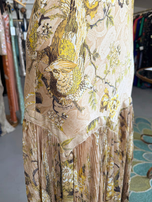 2006 Roberto Cavalli Champagne Floral & Bird Motif Silk Pleated High Low Bias-Cut Gown