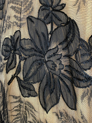 1950’s Hattie Carnegie Couture Large-Scale Black Floral Chenille Lace Full Skirted High-Low Gown