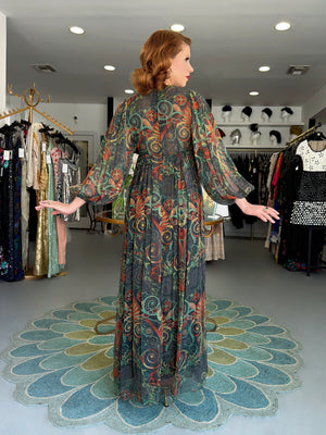 1971 Thea Porter Couture Green Art Nouveau Motif Silk Billow-Sleeve Maxi Dress