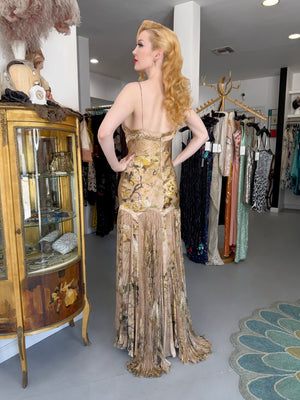 2006 Roberto Cavalli Champagne Floral & Bird Motif Silk Pleated High Low Bias-Cut Gown