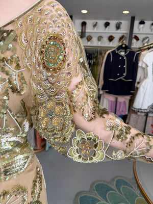 2003 Valentino Runway Heavily Embellished Jeweled Low Cut Nude-Illusion Sheer Net Dress
