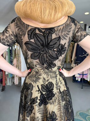 1950’s Hattie Carnegie Couture Large-Scale Black Floral Chenille Lace Full Skirted High-Low Gown