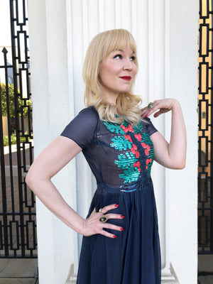 1968 Madame Grès Haute Couture Beaded Holly Berry Motif Silk Gown