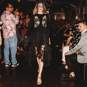 2010 Alexander McQueen Lifetime Black Crepe & Sheer Illusion Lace High-Low Gown