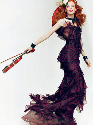 2011 Nina Ricci Editorial Burgundy & Black Polka-Dot Silk Tiered Ruffle Trained Gown w/ Tags