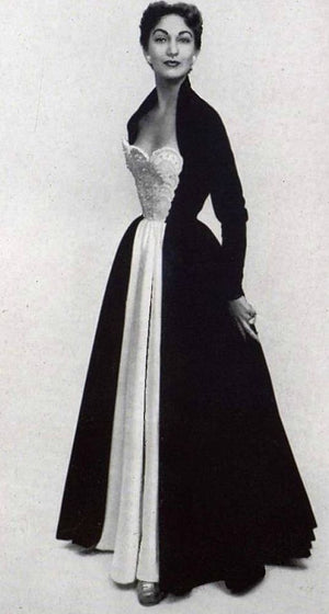 1952 Nina Ricci Haute Couture Documented Ivory Beaded Satin & Black Velvet Gown