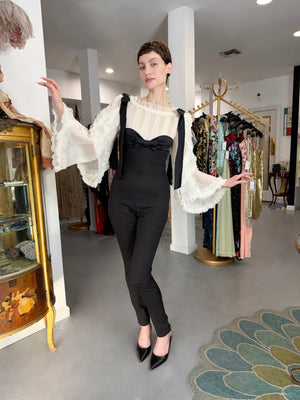 2009 Chanel by Karl Lagerfeld Editorial Runway Black & White Angel Sleeve Fitted Jumpsuit