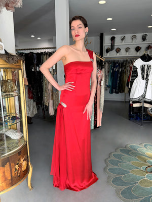 2008 Valentino Ruby Red Sequin Silk Asymmetric One-Shoulder Draped Sash Gown w/Tags