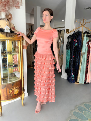 1993 Valentino Runway Blush Pink Silk & Sheer Chantilly-Lace Tiered Ruffle Maxi Dress