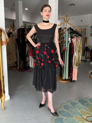 1990 Dolce & Gabbana Black Silk Chiffon Red-Roses Floral Appliqué Dress
