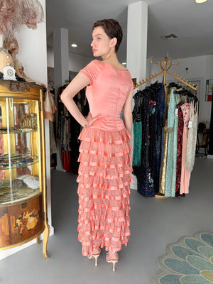 1993 Valentino Runway Blush Pink Silk & Sheer Chantilly-Lace Tiered Ruffle Maxi Dress