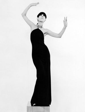 1975 Rudi Gernreich Documented Metal-Collar Black Jersey High-Slit Maxi Dress