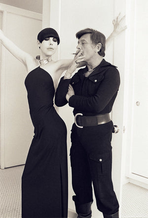 1975 Rudi Gernreich Documented Metal-Collar Black Jersey High-Slit Maxi Dress
