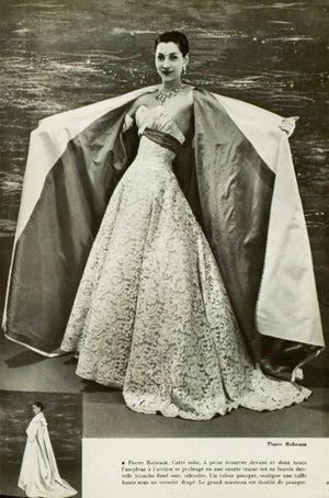 1956 Pierre Balmain Haute Couture Ivory French Lace Strapless Bustier Full-Skirt Dress