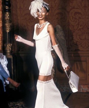1998 John Galliano Documented Runway Ivory Stretch Knit Sheer Bias-Cut Backless Gown