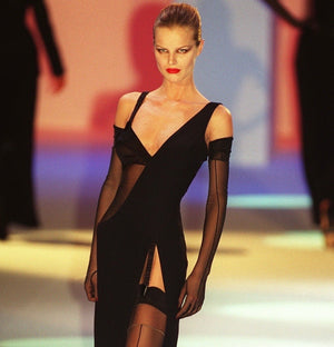 1998 Thierry Mugler Documented Runway Sheer Black Silk Asymmetric High-Slit Gown