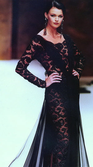 1998 Hanae Mori Haute Couture Beaded Sheer Lace & Chiffon Hourglass Gown