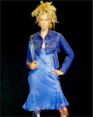 2000 Christian Dior by John Galliano Trompe L'oeil Denim Print Silk Bias-Cut Dress