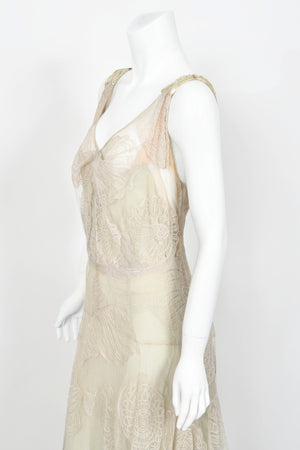 1932 Worth Couture for Elizabeth Arden Sequin Ivory Seashell Motif Lace Gown