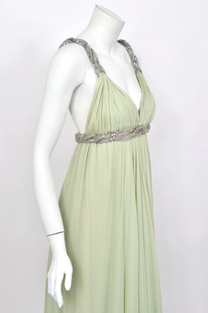 1965 Sarmi Couture Seafoam Green Jeweled Silk Chiffon Empire Plunge Grecian Gown