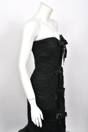 2011 Oscar de la Renta Black Ruched Silk Strapless Bustier Hourglass Trained Gown