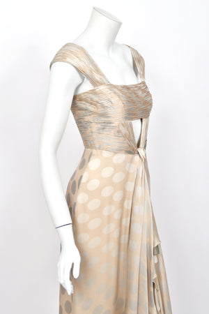 2008 Valentino Runway Polka-Dot Champagne & Silver Silk Ruched Cut-Out Gown