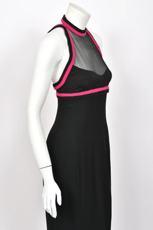 1994 Chanel by Karl Lagerfeld Black Sheer Silk Chiffon Pink Cashmere Trimmed Maxi Dress w/ Shawl