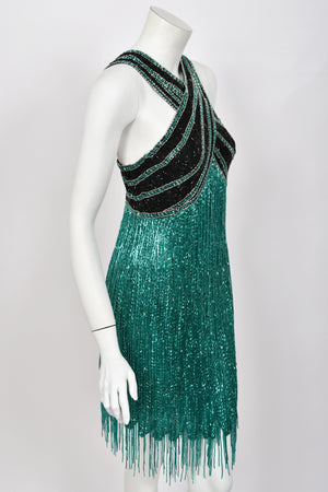 1990 Bob Mackie Teal-Green & Black Beaded Fringe Backless Cocktail Dress