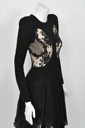 2010 Alexander McQueen Lifetime Black Crepe & Sheer Illusion Lace High-Low Gown