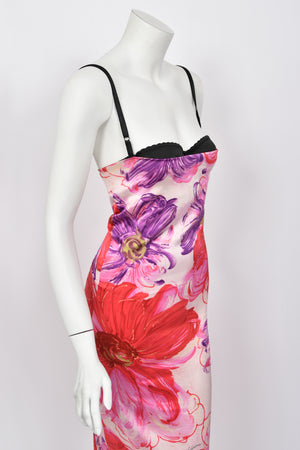 2001 Dolce & Gabbana Floral Stretch Silk Built-In Bra Hourglass Slip Dress