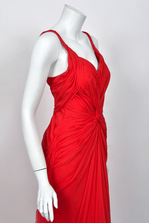 2007 Emanuel Ungaro Lipstick Red Heavily Ruched Silk Chiffon Trained Hourglass Gown