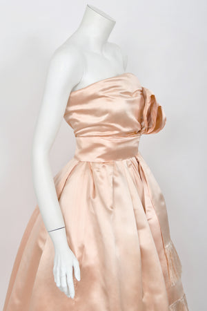 1958 Christian Dior by Yves Saint Laurent Documented Blush-Pink Silk Strapless Corset Gown