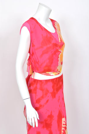 2003 Christian Dior by John Galliano Tie-Dye Pink Yellow Print Silk Cropped Blouse & Bias-Cut Skirt