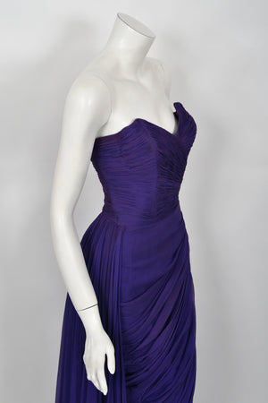 1950's Gigliola Curiel Couture Pleated Purple Silk Chiffon Strapless Goddess Gown