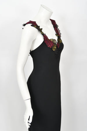 2001 John Galliano Red Chrysanthemum Floral Appliqué Black Silk Chiffon Bias-Cut Gown