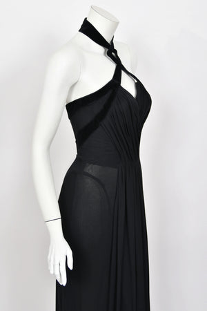 1998 Thierry Mugler Runway Black Silk-Jersey & Velvet Bustier Cut-Out Halter Gown
