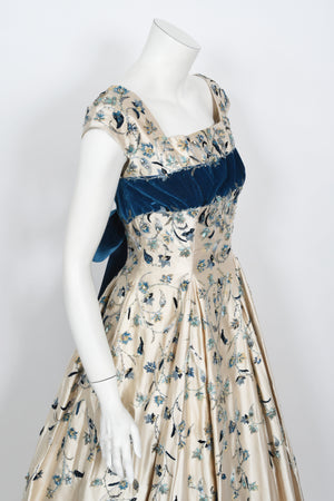 1956 Jacques Griffe Haute Couture Documented Embroidered Beaded Ivory Satin Gown