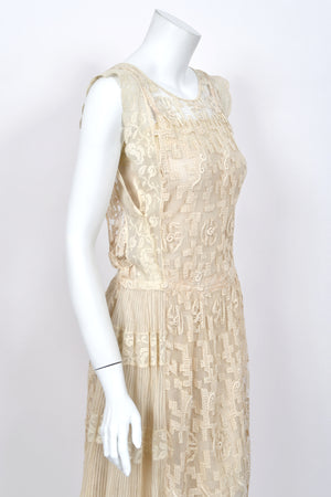 1920's French Cream Heavily Embroidered Deco Motif Filet Lace & Sheer Net Tea-Length Dress