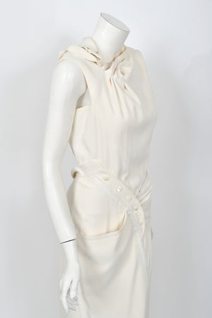 2000 Christian Dior by John Galliano Ivory Crepe Cut-Out Asymmetric Draped Dress
