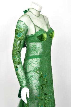 2011 Tom Ford Emerald Green Embroidered Sheer Tulle Lace Velvet-Bra Trained Editorial Gown