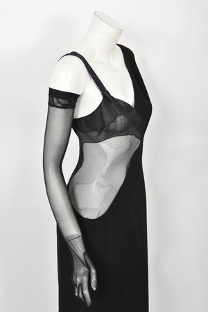 1998 Thierry Mugler Documented Runway Sheer Black Silk Asymmetric High-Slit Gown